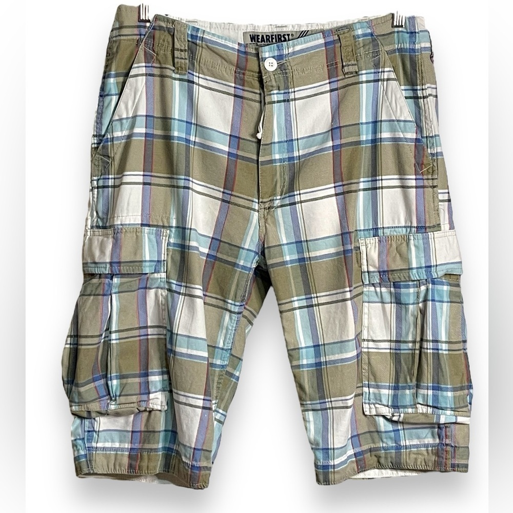 WEARFIRST Men's Olive & Blue Plaid Cargo Shorts
